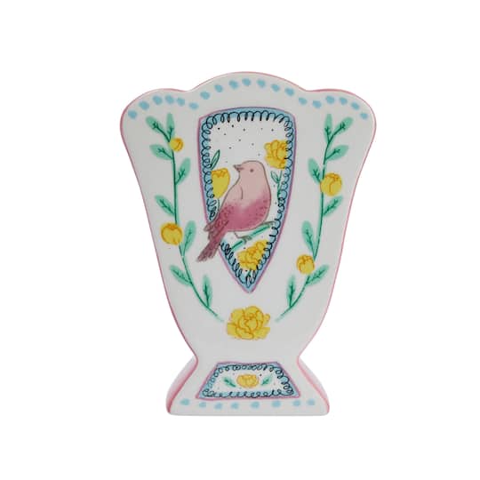 8.5&#x22; Ceramic Fan Shaped Vase with Painted Bird Design